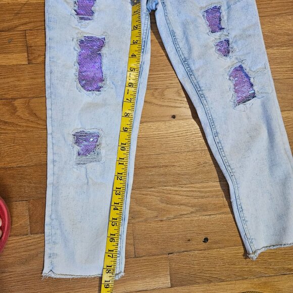 Justice Light Wash Distressed Mermaidcore sequin patch strait leg jeans size 8 - Picture 12 of 12